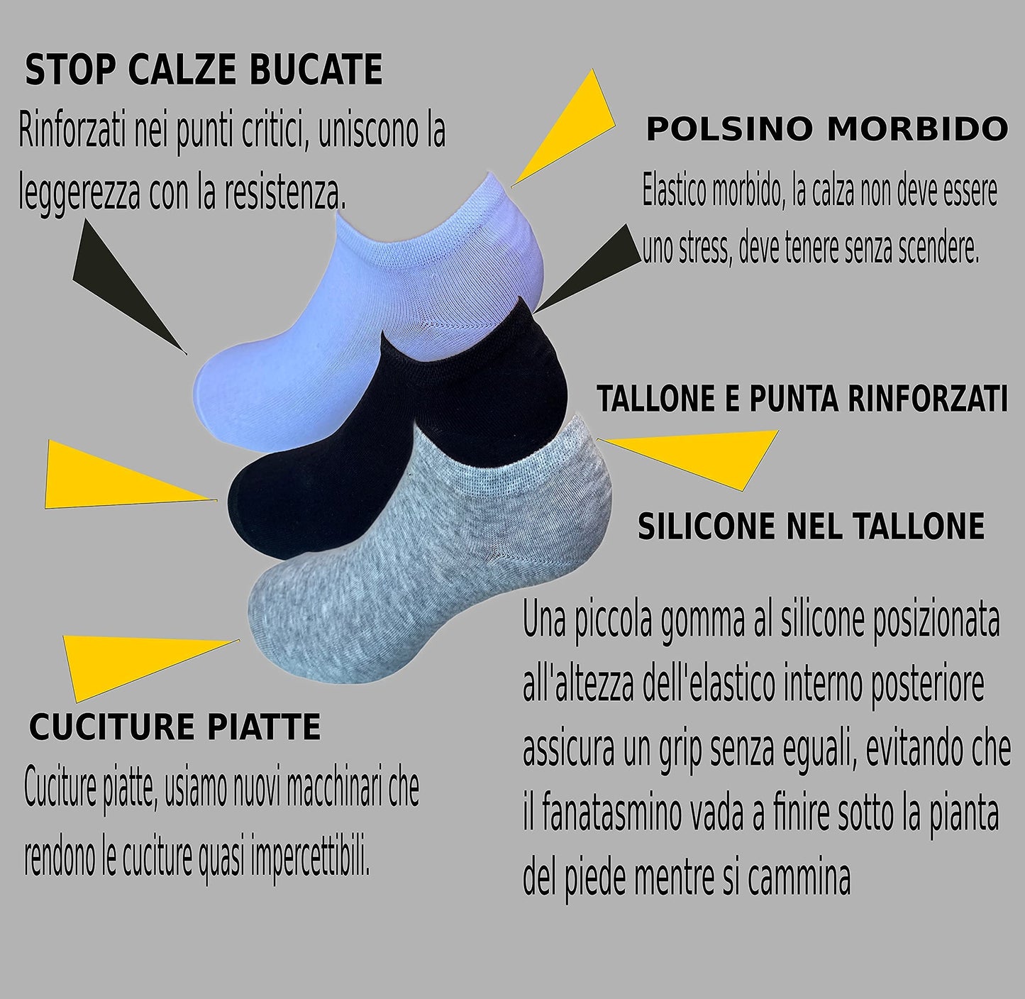 Lucchetti Socks Milano Fantasmini uomo donna cotone nero bianco grigio con silicone nel tallone 6 paia