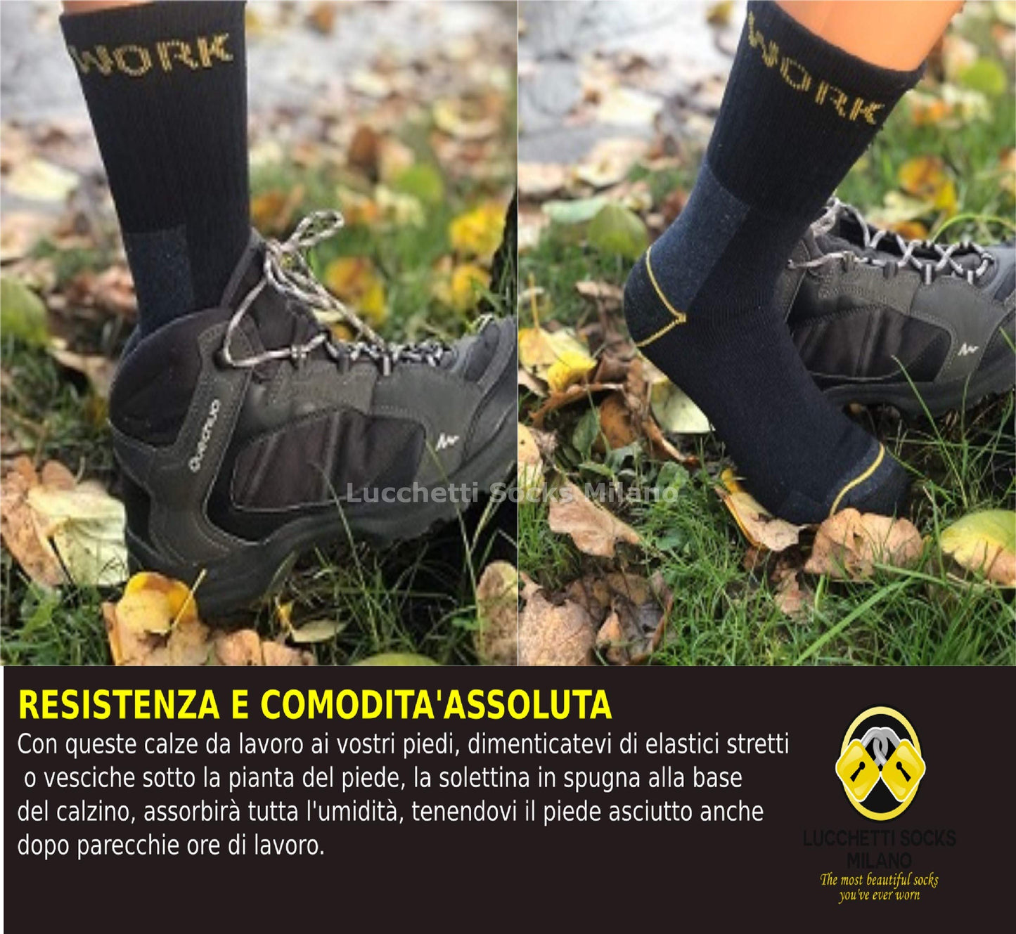Lucchetti Socks Milano Calze da Lavoro Uomo in Spugna di Cotone Rinforzate Antinfortunistiche Nero o Assortito