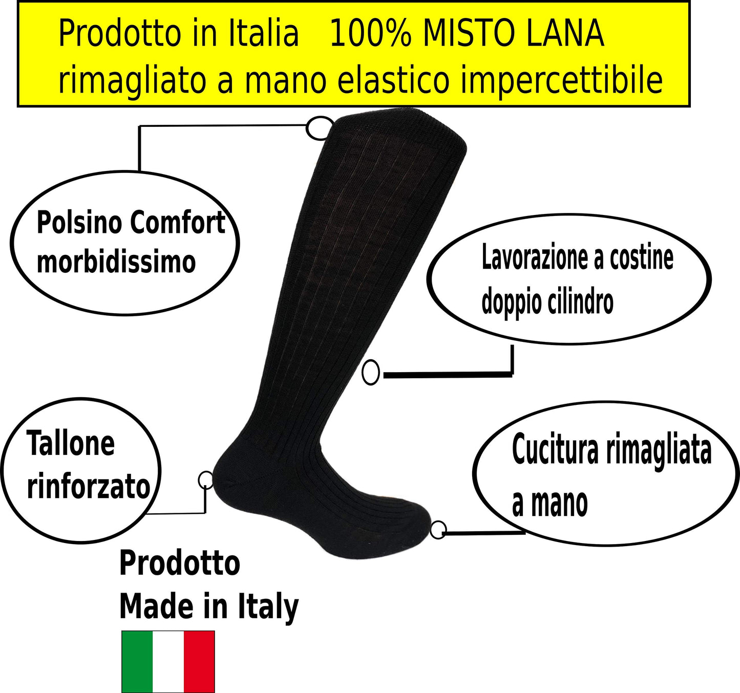 Lucchetti Socks Milano 6 PAIA Calze Uomo Lunghe Lana Invernali Calzini Tinta Unita Leggeri Eleganti Caldi a Costine Prodotto Italiano